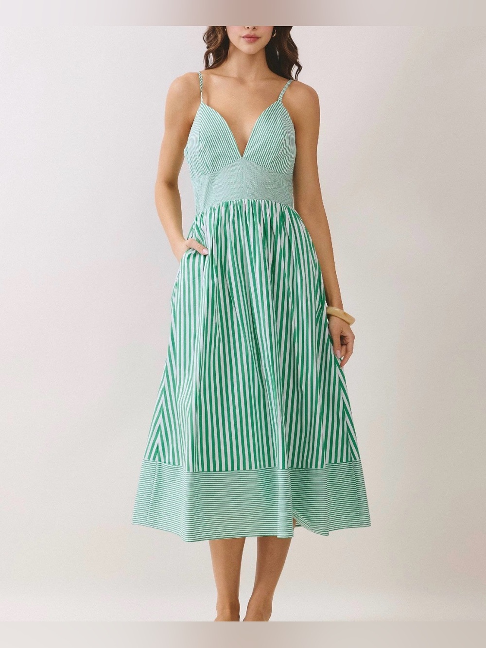 TCEC Green Striped V-Neck Spaghetti Strap Midi Dress